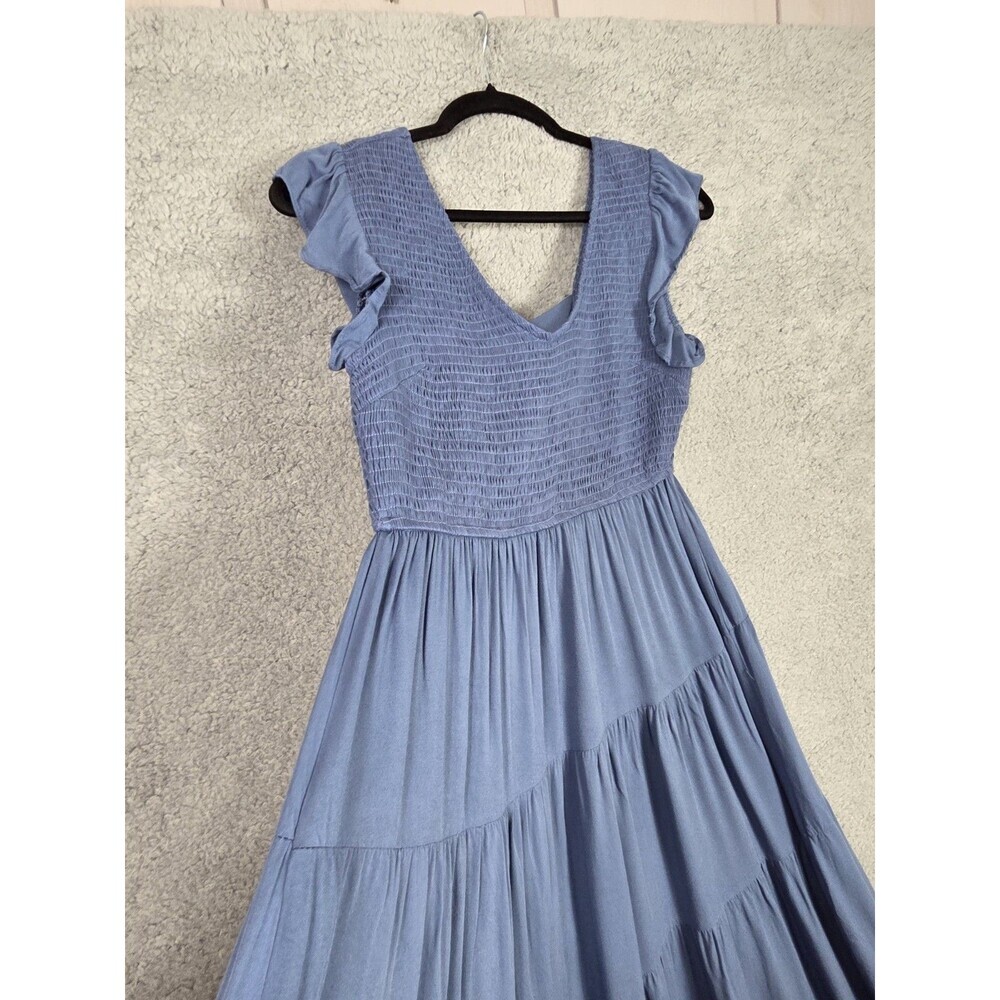 PrettyGarden Blue Smocked Tiered Midi Dress Flutter Sleeve‎ V-Neck Boho Small - Picture 4 of 8